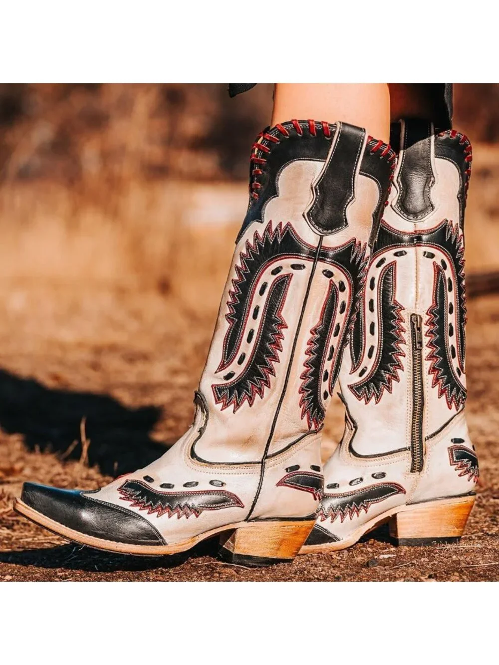 Women's Black Multi Swallow Chunky Low Heels Western Cowboy Knee High Boots